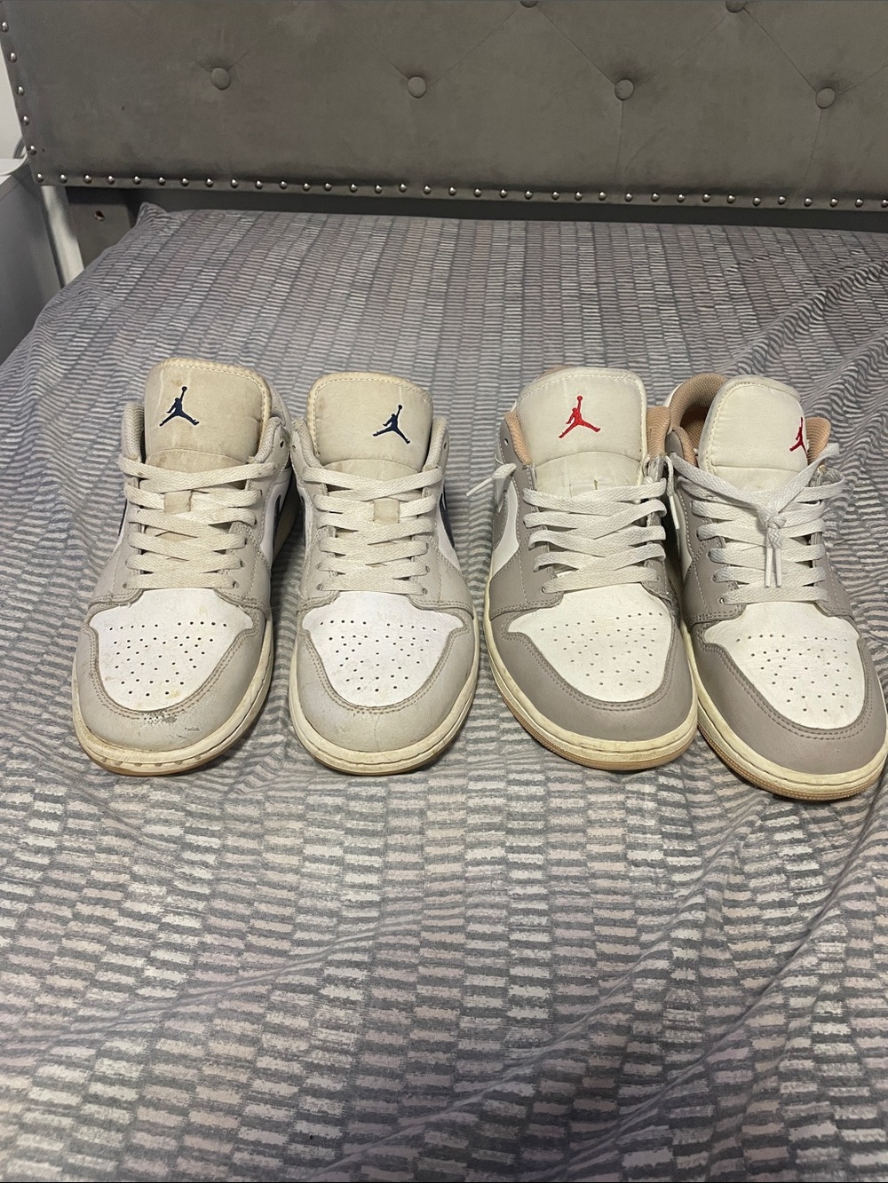 Jordan Low Top Sneakers in Light Gray and White with Subtle Red/Blue Logos